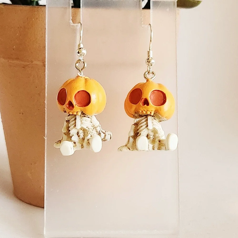 Halloween‎ Pumpkin Head Skeleton Dangle Earrings Orange Jack O Lantern Spooky